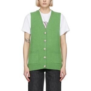 GANNI Cashmere Knit Sweater Vest Womens Small Green Crystal Buttons Sleeveless